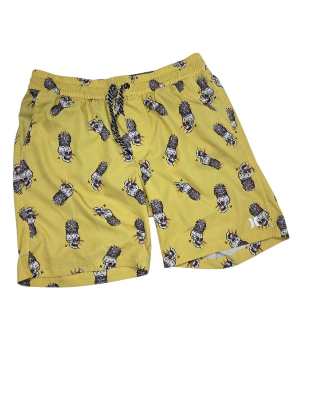Hurley Men Large Board Shorts Swim Trunks Yellow Pineapple Skull Laser Eyes